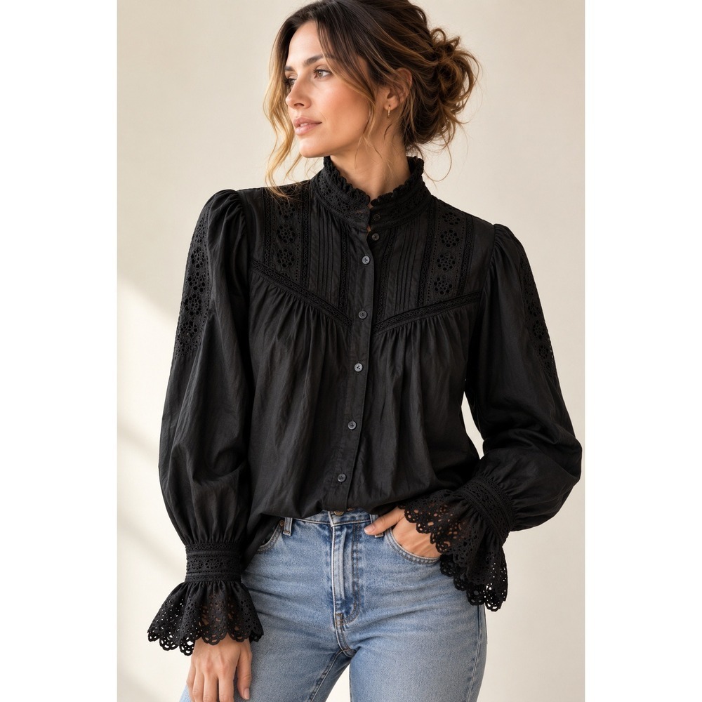 Rebecca Taylor Black Cotton Eyelet Lace Blouse 2 Victorian High Neck Romantic
